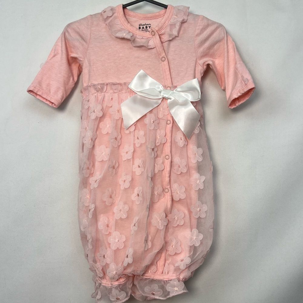 Stephan Baby Pink sleeping Gown with tulle floral overlay NWOT size 0-6 months
